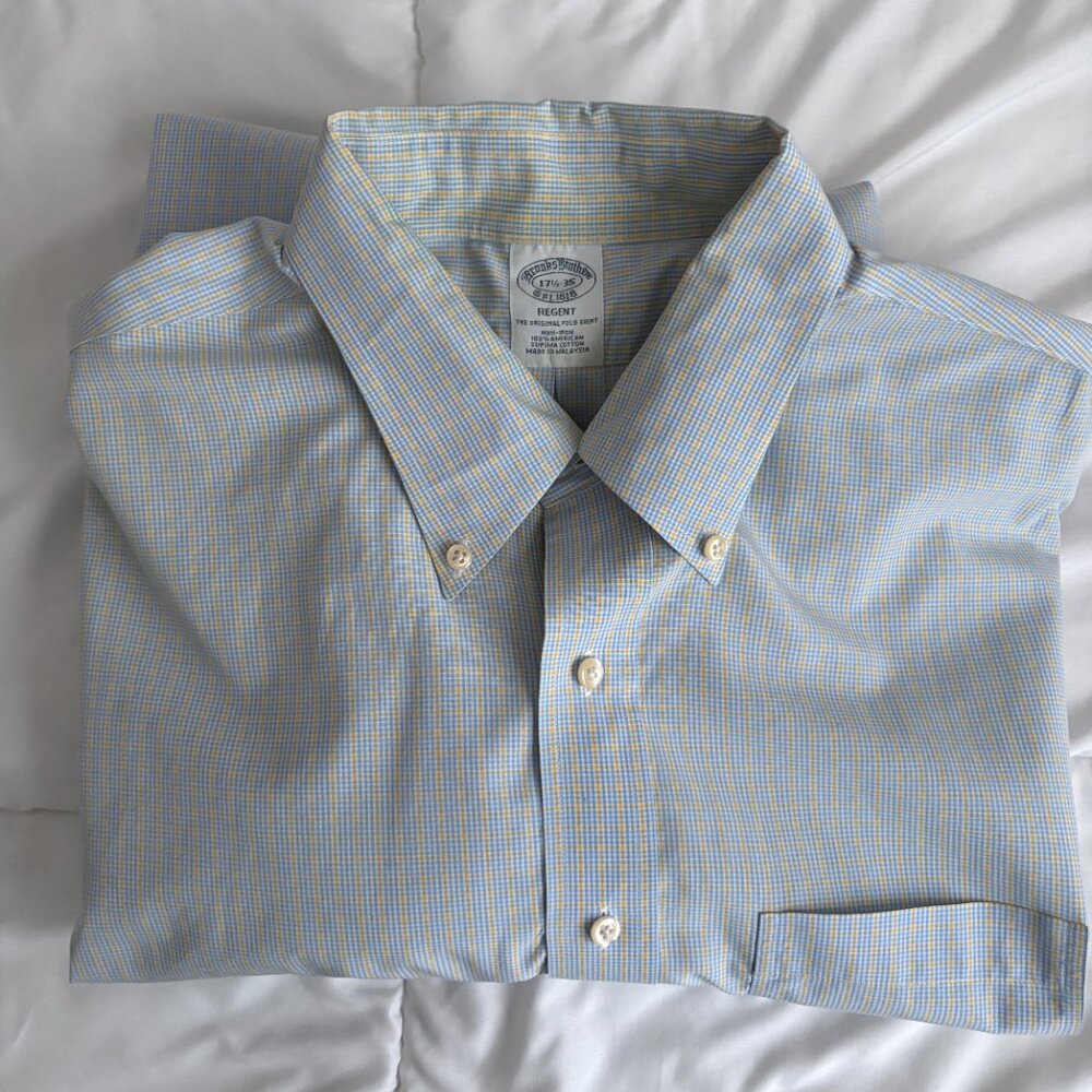 Brooks Brothers Regent Fit Non-Iron Button Down Shirt Blue Yellow Check 17.5/35